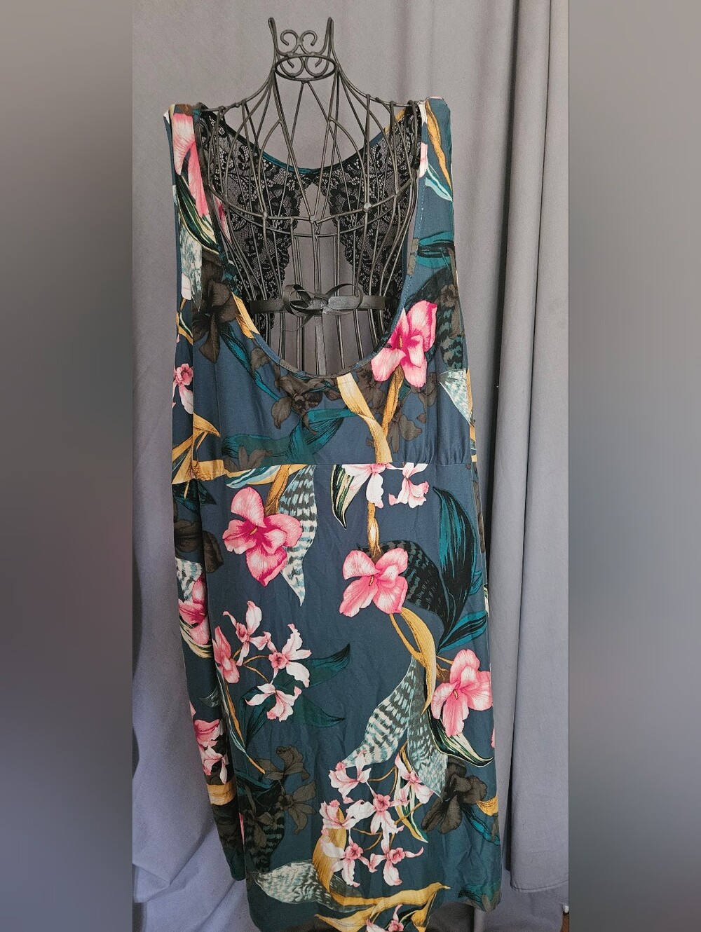 Floral Scoop-Back Chemise in Teal with Pink Floral